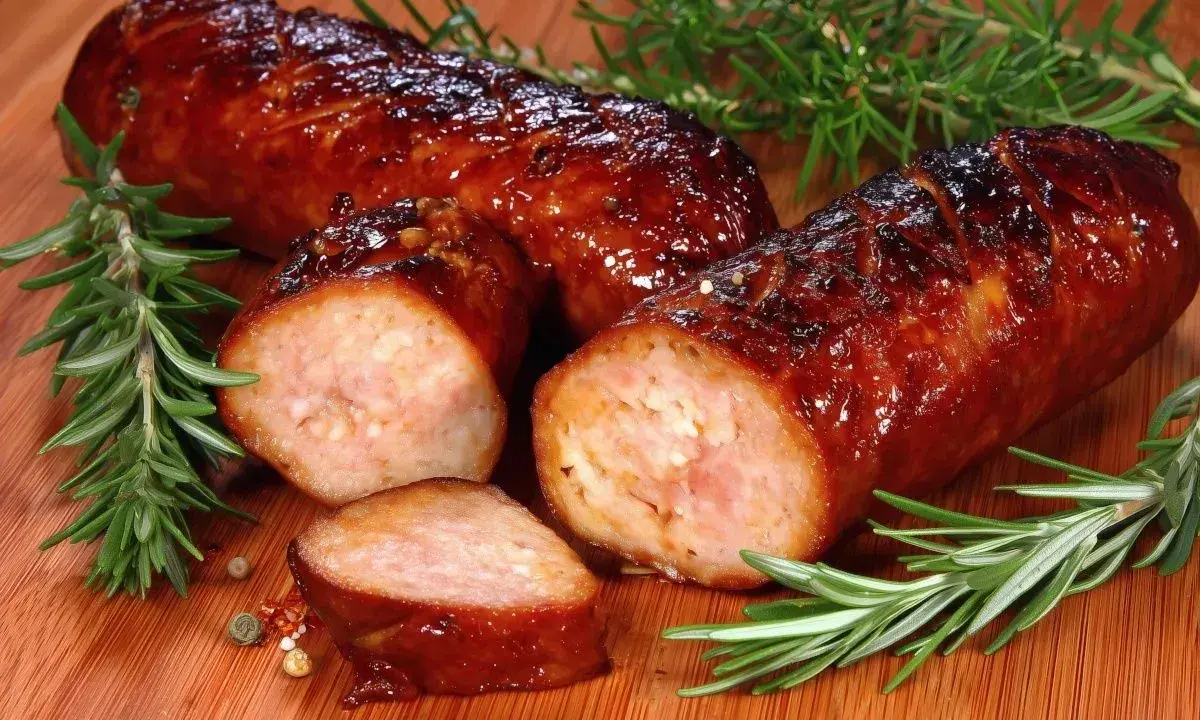 Soczysta kiełbasa z piekarnika, rumiana i aromatyczna, z gałązkami rozmarynu i ziarnami pieprzu na desce.