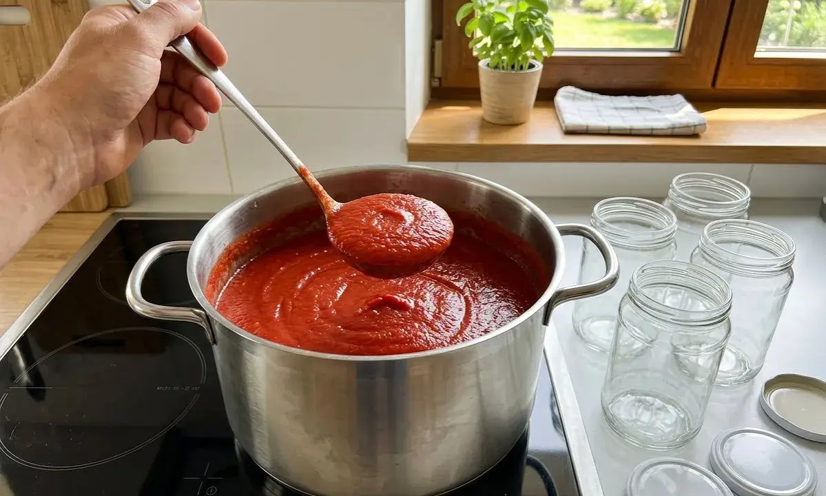 Łyżka nabiera gęsty, gorący przecier pomidorowy z garnka. Obok stoją słoiki, gotowe, by pomieścić ten domowy smak. Tak właśnie przygotowuje się przecier pomidorowy na zimę.