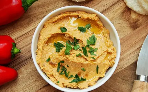 Pyszny hummus z suszonymi pomidorami, polany oliwą i posypany natką pietruszki, obok czerwonej papryki i pieczywa.