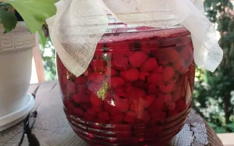 Słoik pełen malin, z którego powstanie pyszny sok z malin. W tle zieleń ogrodu.