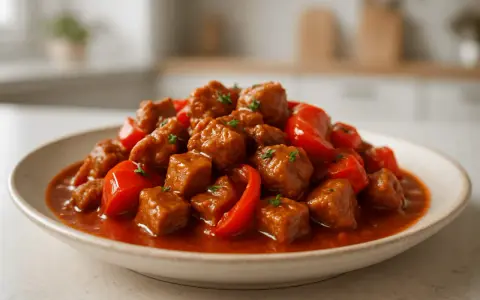 Pyszny gulasz Ania gotuje, pełen miękkich kawałków mięsa i czerwonej papryki w aromatycznym sosie.