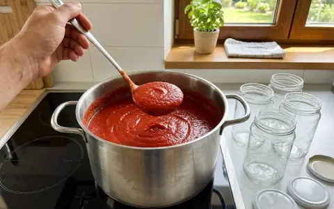 Łyżka nabiera gęsty, gorący przecier pomidorowy z garnka. Obok stoją słoiki, gotowe, by pomieścić ten domowy smak. Tak właśnie przygotowuje się przecier pomidorowy na zimę.