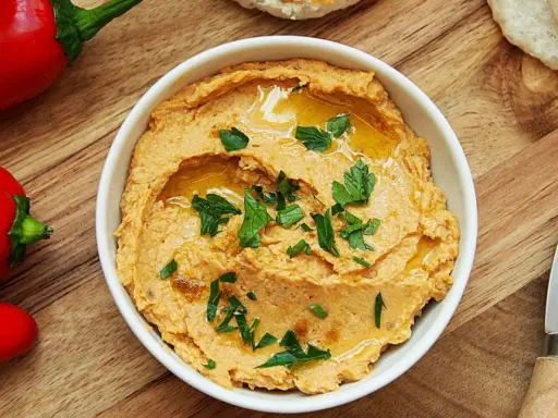 Pyszny hummus z suszonymi pomidorami, polany oliwą i posypany natką pietruszki, obok czerwonej papryki i pieczywa.