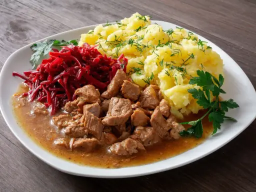 Pyszny gulasz z łopatki wieprzowej z ziemniakami i buraczkami, udekorowany natką pietruszki i koperkiem.