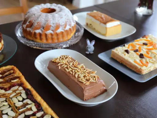 Wielkanocne ciasto na stole: babka, sernik, czekoladowy deser i tartaletka z bakaliami.