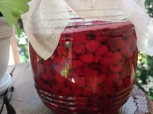 Słoik pełen malin, z którego powstanie pyszny sok z malin. W tle zieleń ogrodu.