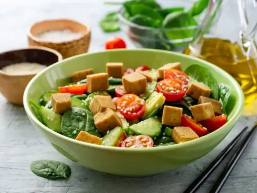 Pyszna sałatka z tofu, pomidorkami koktajlowymi i ogórkiem, posypana sezamem. Idealna na lekki posiłek.