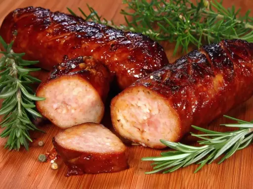 Soczysta kiełbasa z piekarnika, rumiana i aromatyczna, z gałązkami rozmarynu i ziarnami pieprzu na desce.
