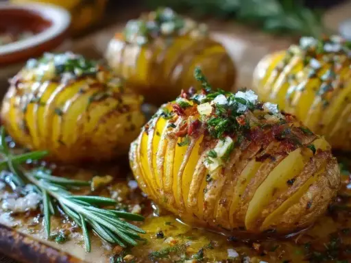 Zapieczone ziemniaki Hasselback z ziołami i czosnkiem – idealne na tanie przepisy na obiad za 10 zł.