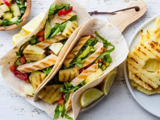 Tacos z grillowanym kurczakiem i ananasem – świetny pomysł na kolację na szybko. Świeże warzywa i cytrusy dodają smaku.
