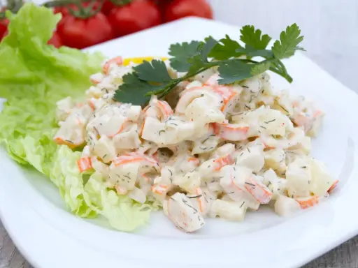 Pyszna sałatka z surimi, ziemniaków i warzyw, udekorowana natką pietruszki i liściem sałaty.
