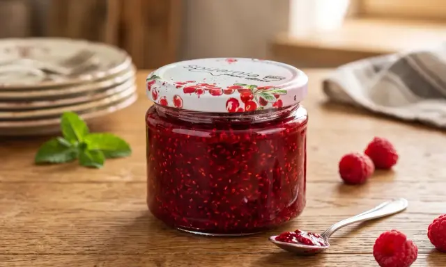 Słoik pełen domowego dżemu z malin, z kilkoma malinami i listkiem mięty na drewnianym stole.