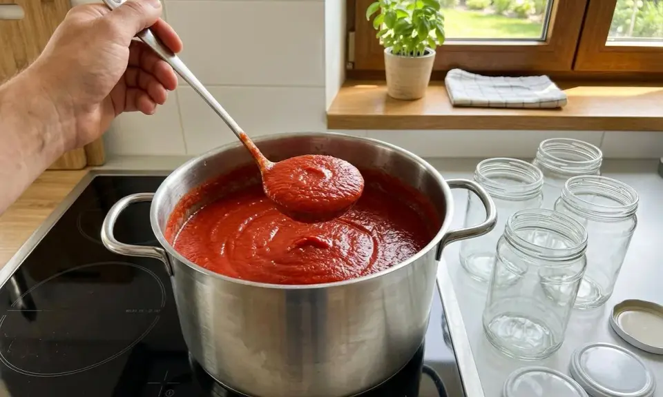 Łyżka nabiera gęsty, gorący przecier pomidorowy z garnka. Obok stoją słoiki, gotowe, by pomieścić ten domowy smak. Tak właśnie przygotowuje się przecier pomidorowy na zimę.
